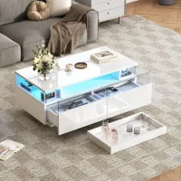 Mesa De Centro Auxiliar Blanca Con Tapa De Vidrio Templado, 2 Cajones De Almacenamiento, Luz Led, Diseño De Alto Brillo Para Salón - Blanco - Sweiko