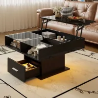 Mesa De Centro Elevable Multifuncional Brillante Con Iluminación Led, Altura Ajustable, Almacenamiento Integrado - Sweiko