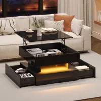 Mesa Baja Elevable Con Led, 2 Cajones, Almacenamiento Oculto, Diseño Geométrico, Negro - Sweiko