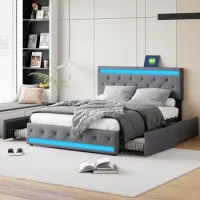 Cama Doble De Tela De Lino Con 4 Cajones De Hierro Y Lámpara De Noche Usb, 160x200 Cm, Gris Oscuro