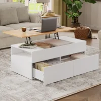 Mesa De Centro Rectangular Con Altura Ajustable, Almacenamiento Oculto Y 2 Cajones, Blanca Y De Madera, 100x50x40 Cm - Blanco - Sweiko