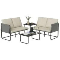 Salon De Jardín 4 Piezas, 2 Sofás De 2 Plazas, 2 Mesas De Cristal, Fundas Desmontables, Kaki - Sweiko