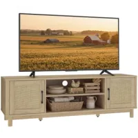 Mueble Para Tv 135 Cm Almacenamiento Para Televisores Hasta 65 Pulgadas 2 Puertas Ratán 2 Compartimentos Abiertos Roble - Sweiko