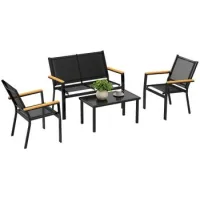 Conjunto De Jardín Salón De Jardín 4 Plazas Metal, Sofá 2 Plazas, Sillón, Mesa Baja, 110cm, Negro - Sweiko
