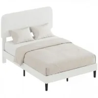 Estructura De Cama Doble Con Cabecera Ajustable En Altura En Tejido Boucle Y Listones De Soporte, Blanco - Sweiko