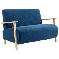 Sofá 2 Plazas En Boucle De 118 Cm Con Apoyabrazos Y Patas De Madera, Azul Oscuro - Sweiko