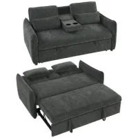 Sofá Cama 2 Plazas 3 En 1 Con Mesa Auxiliar Portavasos, Respaldo Regulable, Bolsillos Laterales Y 2 Cojines, Gris Oscuro - Sweiko
