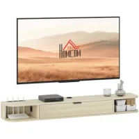 Mueble De Televisión Suspendido Con Cajón Abatible 2 Estantes Abiertos Gestión De Cables 140x24x16 Cm Madera Natural - Sweiko