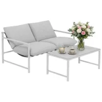 Conjunto De Jardín Salón De Jardín De 2 Piezas, Sofá Con Cojines, Mesa Baja De Vidrio Templado 3d, 125x80x64 Cm, Gris Claro - Sweiko