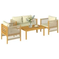 Conjunto De Jardín Exterior De 4 Piezas Con Sofá De 2 Plazas, 2 Sillones, Mesa De Madera, Cojines Y Cuerda De Pp, Beige - Sweiko