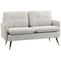 Sofá 2 Plazas Tejido Efecto Lino, Patas Acero, 139cm, Blanco Crema - Sweiko