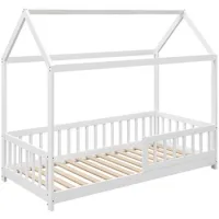 Estructura De Cama Para Niños En Forma De Casita Con Listones Y Barrera De Pino, 96x195x165 Cm, Blanco - Sweiko