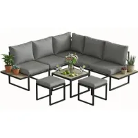 Conjunto De Jardín Salón De Jardín Modular 6 Plazas, Mesa Baja, Bandejas Laterales De Madera, Cojines De 10cm, Gris - Sweiko