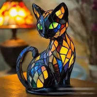 Lampe De Chevet En Vitrail Chat – Veilleuse Décorative À Led Colorée – Résine Écologique – Éclairage Doux Pour Chambre À Coucher
