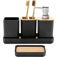 Ensemble D'Accessoires De Salle De Bain 5 Pièces – Distributeur De Savon En Bambou – Support Brosse À Dents – Décoration Moderne Noire