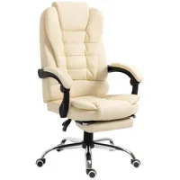 Silla De Oficina - Respaldo Reclinable Con Reposapiés - Piel Sintética - Blanco Crema (64,5x69x109-117cm)