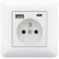 Panneau De Prises Françaises Type-c+usb16a Type 86, Nombre De Prises : 2 Trous, Nombre De Ports Usb : 1, Nombre De Ports Type-c : 1, Sûr Et Ferme(arc Blanc)