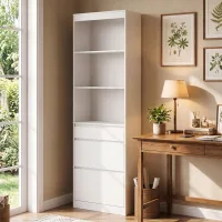 Homcom Estantería Para Libros Alta Y Estrecha, Librería 6 Niveles Con 3 Cajones, 3 Compartimentos Abiertos, Estantes Ajustables, 57x30x180 Cm, Blanco