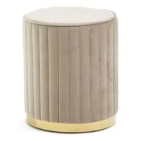 Puff De Terciopelo Acolchado Beige Con Base Cromada En Oro -ruby