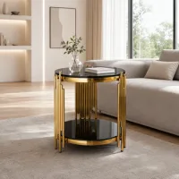Mesa Auxiliar - Mueble De Salón - Cristal Y Acero - Negro Y Dorado (45x45x55cm)