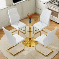 Conjunto De Mesa Y Sillas - Comedor - Cristal Y Metal - Blanco Y Dorado (85x85x76cm)