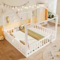 Cama Plana 90x190 Cm*2 / 180x190 Cm Con Barandillas, Cuentas Led, Borde Casa Madera Pino, Sin Colchón Estilo Minimalista Blanco