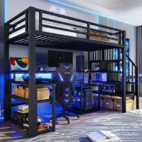 Cama Mezzanine 90 X 200 Cm Estructura Hierro Compartimento Almacenamiento Escalera Con Almacenamiento Led Escritorio Puerto Usb Sin Colchón Negro