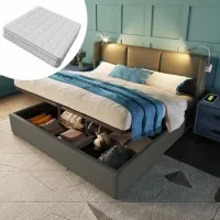 Cama Con Arcón, Cabecero Doble, Lámpara De Lectura, Carga Usb-c, Apertura Hidráulica, Pu Beige Lino, Gris