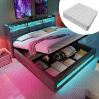 Cama Doble 140x200 Cm Con Usb Y Led, Somier Metálico, Almacenaje, Lino Gris