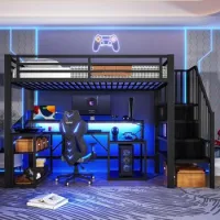 Cama Alta De Hierro Con Escalera De Almacenaje, Led, Usb, Escritorio Y Barandilla, 90x200 Cm, Negro