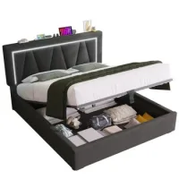 Cama Contenedor 160 X 200 Cm Para Adultos - Usb + Tipo C + Led - Tejido De Lino - Gris + Colchón