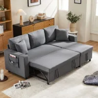 Sofá Convertible De 3 Plazas Con Caja De Almacenamiento Y Portavasos - Tela De Lino - Gris Oscuro - 219,5 X 75 X 83 Cm