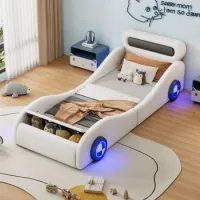 Cama Tapizada De 90 X 200 Cm Con Forma De Coche - Ruedas Luminosas - Piel Sintética - Somier De Láminas - Blanco (sin Colchón)