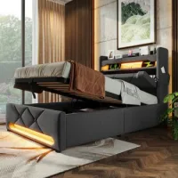 Cama Con Cabecero Y Espacio De Almacenaje De 90 X 200 Cm - Tejido De Lino - Toma Usb Y Tipo C - Gris (sin Colchón)