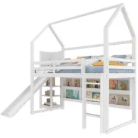 Cama Alta De 90 X 200 Cm - Cama Infantil Con Tira Led - Estantes Y Valla - Blanco
