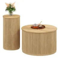 Mesa De Centro Redonda Doble Con Tablero De Madera Natural - Mesa De Salón Multifuncional