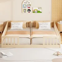 Cama Infantil 2 X 90 X 200 Cm Con Barandilla De Seguridad Y Somier - Madera De Pino + Mdf - Natural (colchón No Incluido)