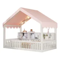 Cama Baja 90 X 200 Cm,con Barrera De Seguridad De Madera,led Y Estantería,blanco