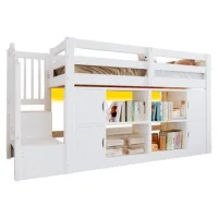 Cama Alta 90x200 Con Nichos De Almacenamiento,armarios,escalera Con Almacenamiento Y Led,blanco