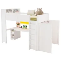 Cama Alta 90x200 Con Escritorio,espacios De Almacenamiento,armario,puerto Usb E Iluminación Led,blanco