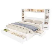 Cama 140 X 200 Cm Con Cabecero Y Pie De Cama,7 Cajones,varios Compartimentos De Almacenamiento,led,blanco