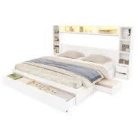 Cama 180 X 200 Cm Con Cabecero Y Pie De Cama,7 Cajones,varios Compartimentos De Almacenamiento,led,blanco