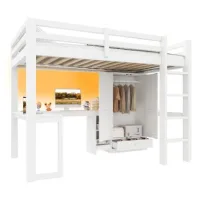 Cama Alta 90x200 Con Escritorio,estantes,armario,puerto Usb E Iluminación Led,blanco