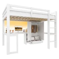 Cama Alta 140x200 Con Escritorio,estantes,armario,puerto Usb E Iluminación Led,blanco