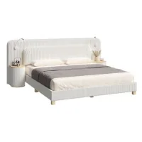Cama 140 X 200 Cm,terciopelo Acanalado,con Lámpara De Noche Y Mesita De Noche,beige