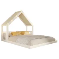 Cama De Madera 140 X 200 Cm,con Dosel De Tela Y Guirnalda Luminosa,blanco
