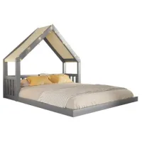Cama De Madera 140 X 200 Cm,con Dosel De Tela Y Guirnalda Luminosa,gris