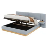 Cama Con Arcón Hidráulica 140 X 200 Cm,con Estante En El Cabecero,puerto Usb,gris/madera