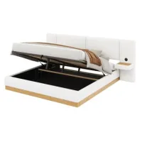 Cama Con Arcón Hidráulica 180 X 200 Cm,con Estante En El Cabecero,puerto Usb,blanco/madera