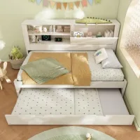 Sofá Cama 90x190 Con Cama Nido, Arcón Y Almacenaje Mural, Carga Rápida Usb-c, Somier De Láminas De Madera, Blanco